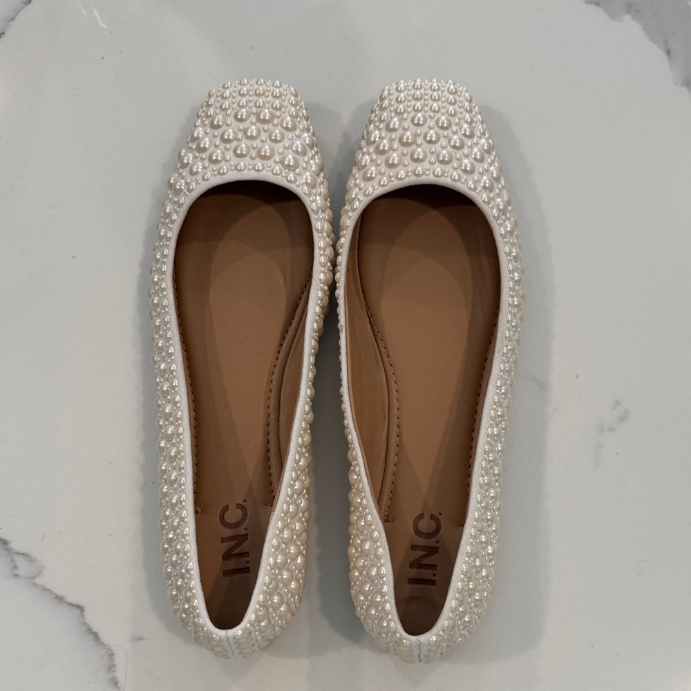 INC International Concepts Ivory Pearl-Embellished Ballet Flats